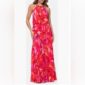 XSCAPE Evenings Abstract Floral Pleated Chiffon Gown in red/pink hues Sz 6 NWOT